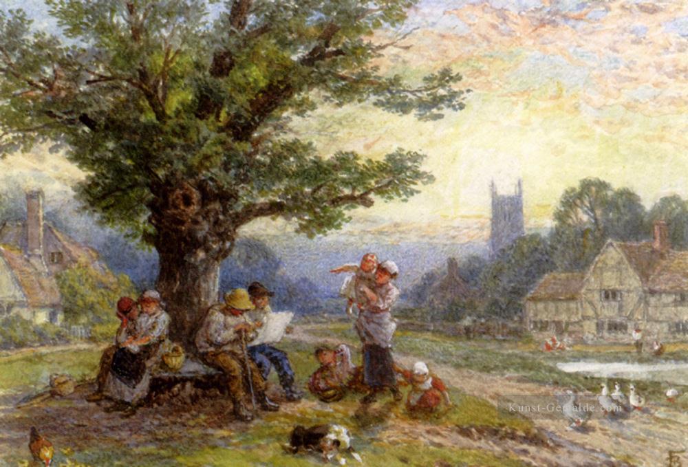 Fugures und Kinder unter einem Baum in einem Dorf viktorianisch Myles Birket Foster Ölgemälde